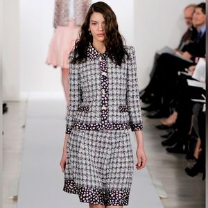 ♧$2,990 OSCAR DE LA RENTA EXCLUSIVE TWEED SEQUIN SILK LINED RUNWAY COAT US 14